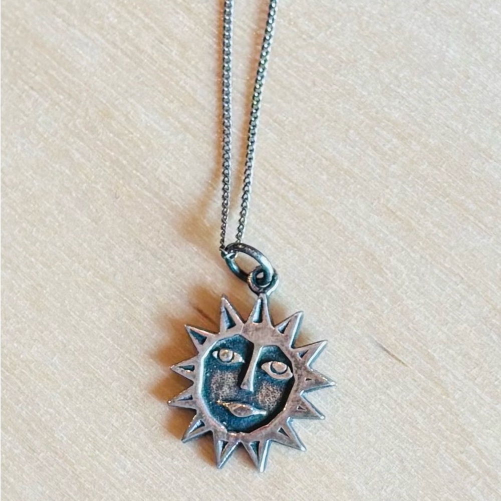 Silver Sun Face Pendant Necklace